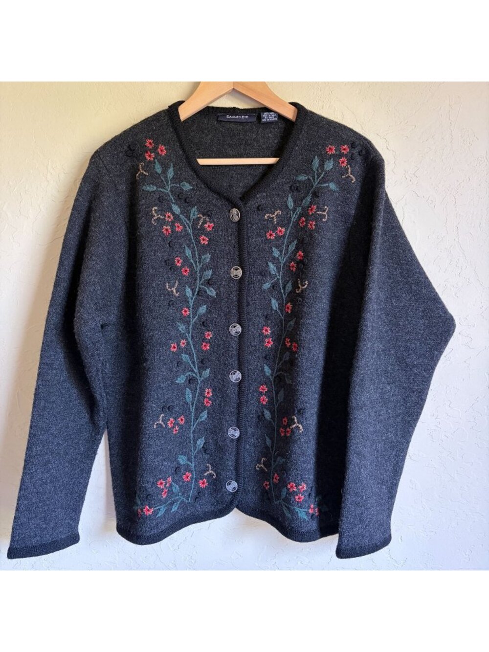Vintage Eagle's Eye Gray 100% Wool Cardigan XL Floral Embroidered Made in India
